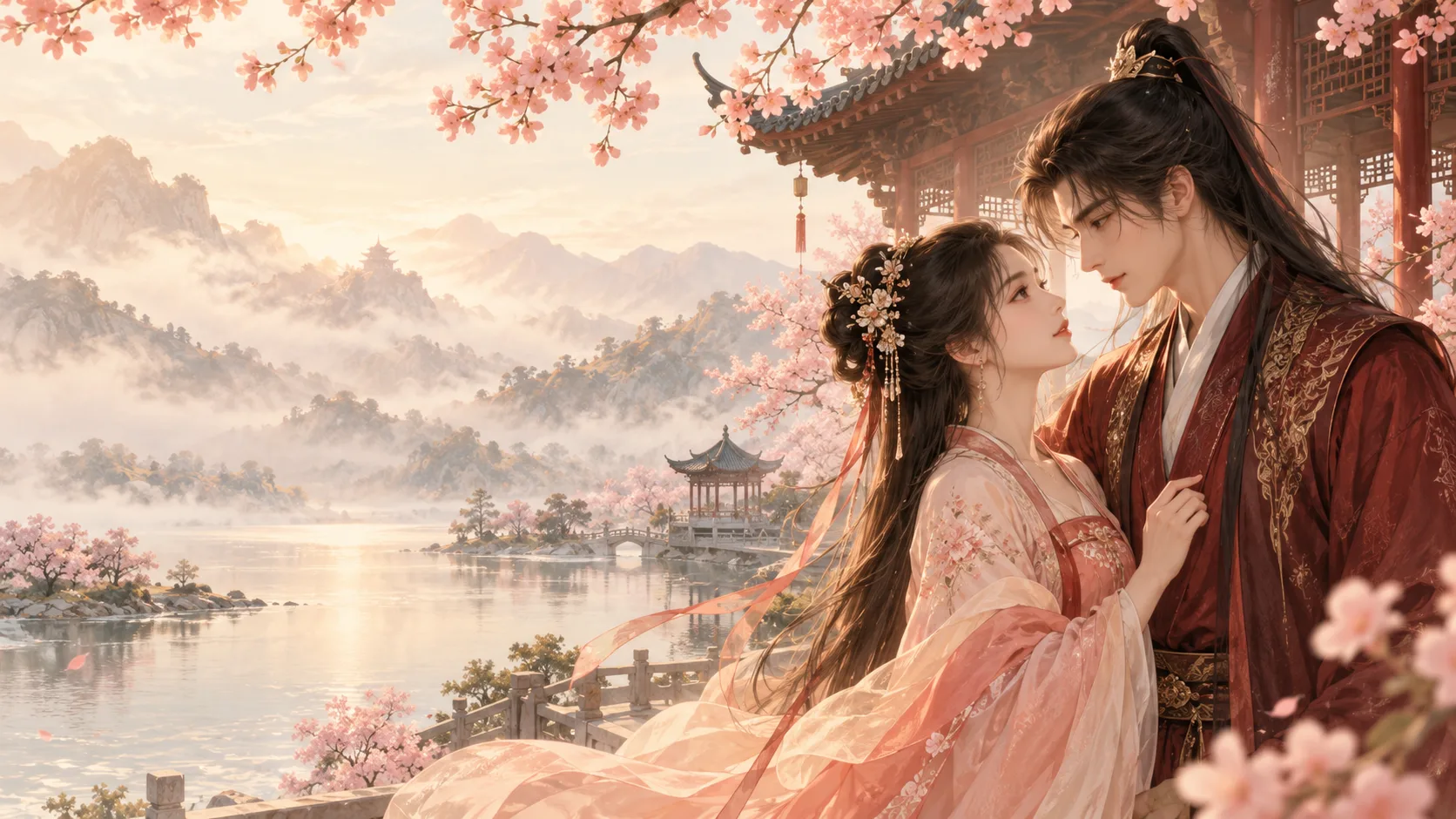 Illustration of a couple in hanfu beside a blossom-filled lakeside pavilion.